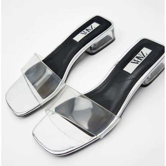 Zara Silver Heeled Clear Vinyl Slide Sandals 40